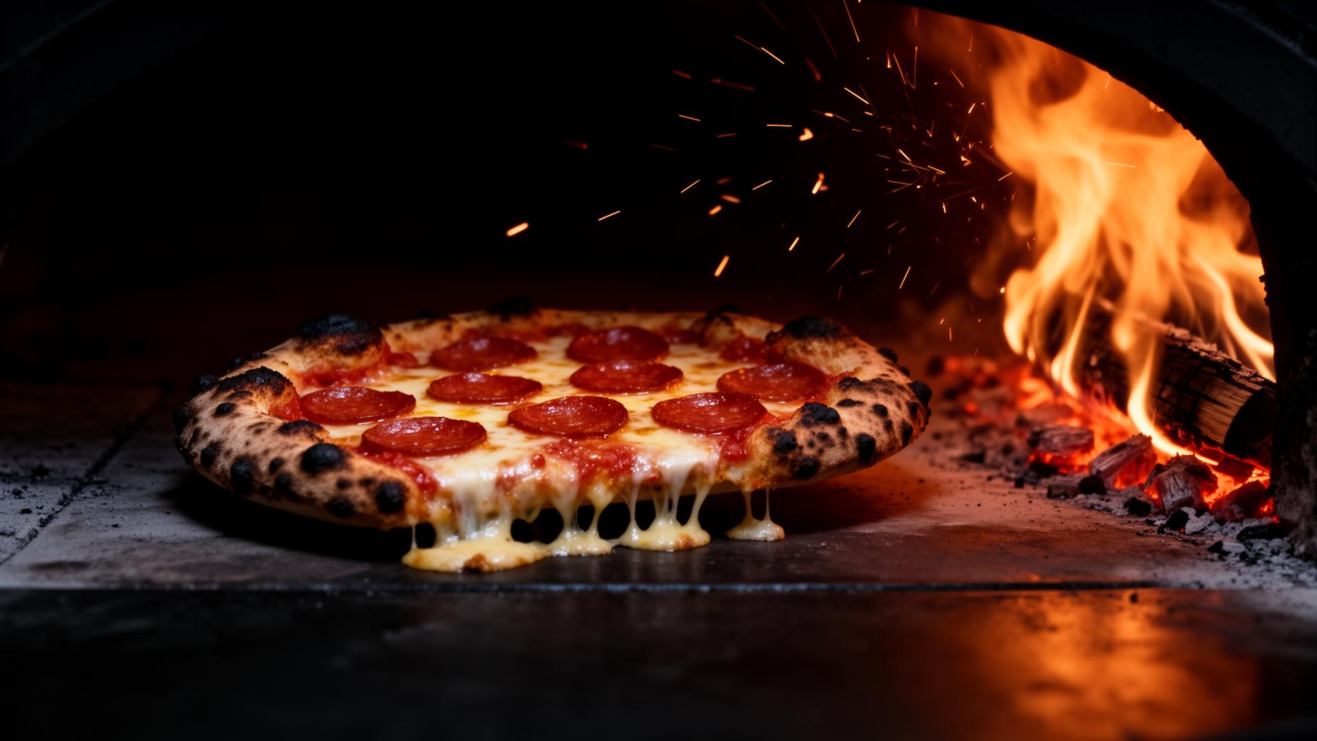 Wood-fired pizza emerging from oven flames
